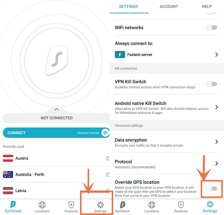 Activar la anulación de la localización GPS - Surfshark