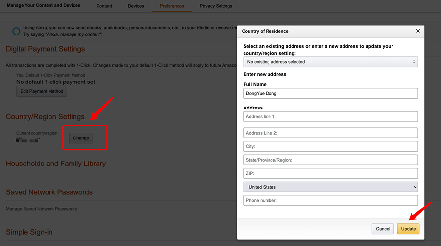 Change Country/Region on Amazon Account