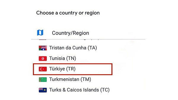 Définissez votre pays comme étant la Turquie Google Play Store