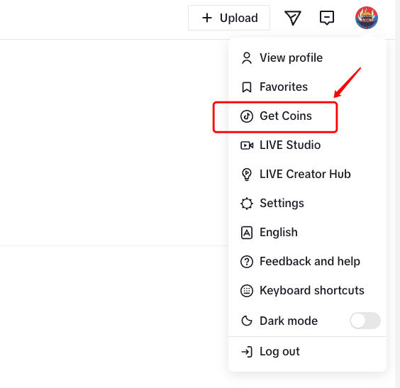 Haga clic en Get Coins para comprar TikTok Coins