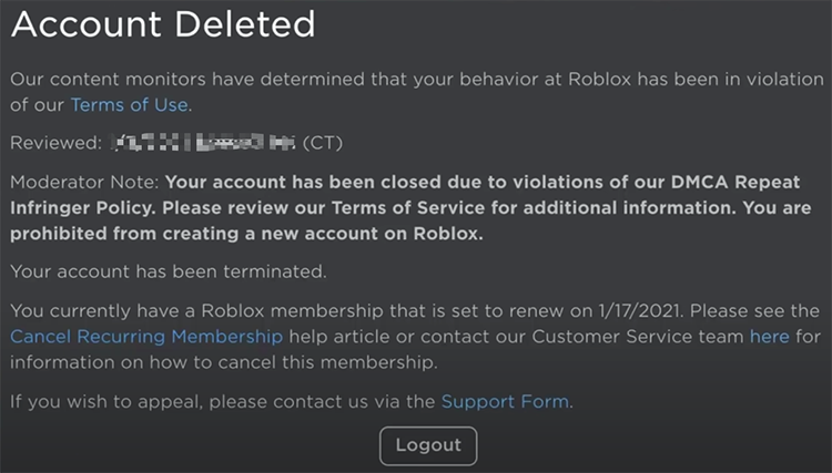 Roblox Account Deleted Message