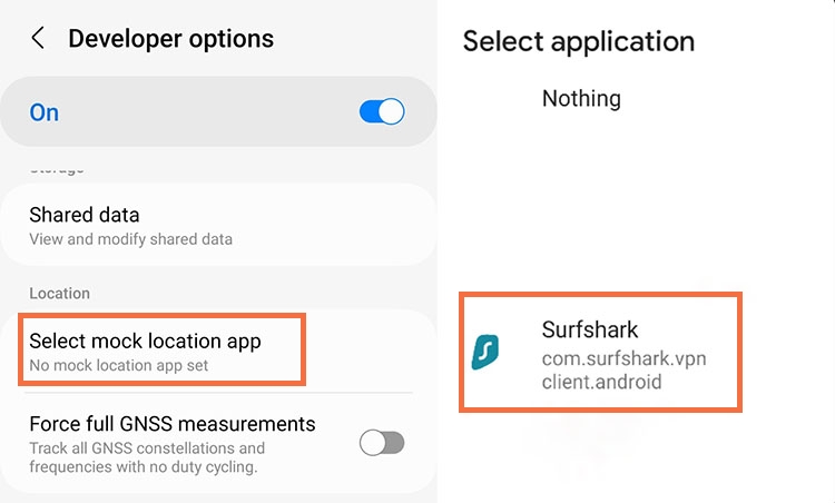 Sélectionnez Surfshark comme application de localisation fictive